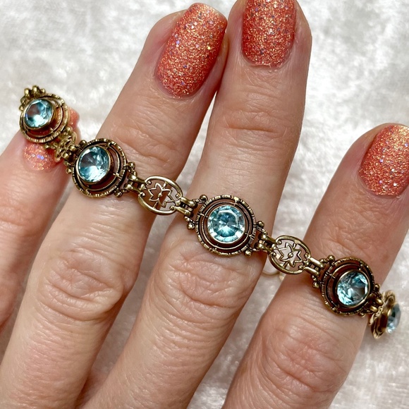 Vintage Art Deco 10K Solid Gold Natural Blue Zircon 5cts Fancy Link Bracelet - Picture 1 of 13